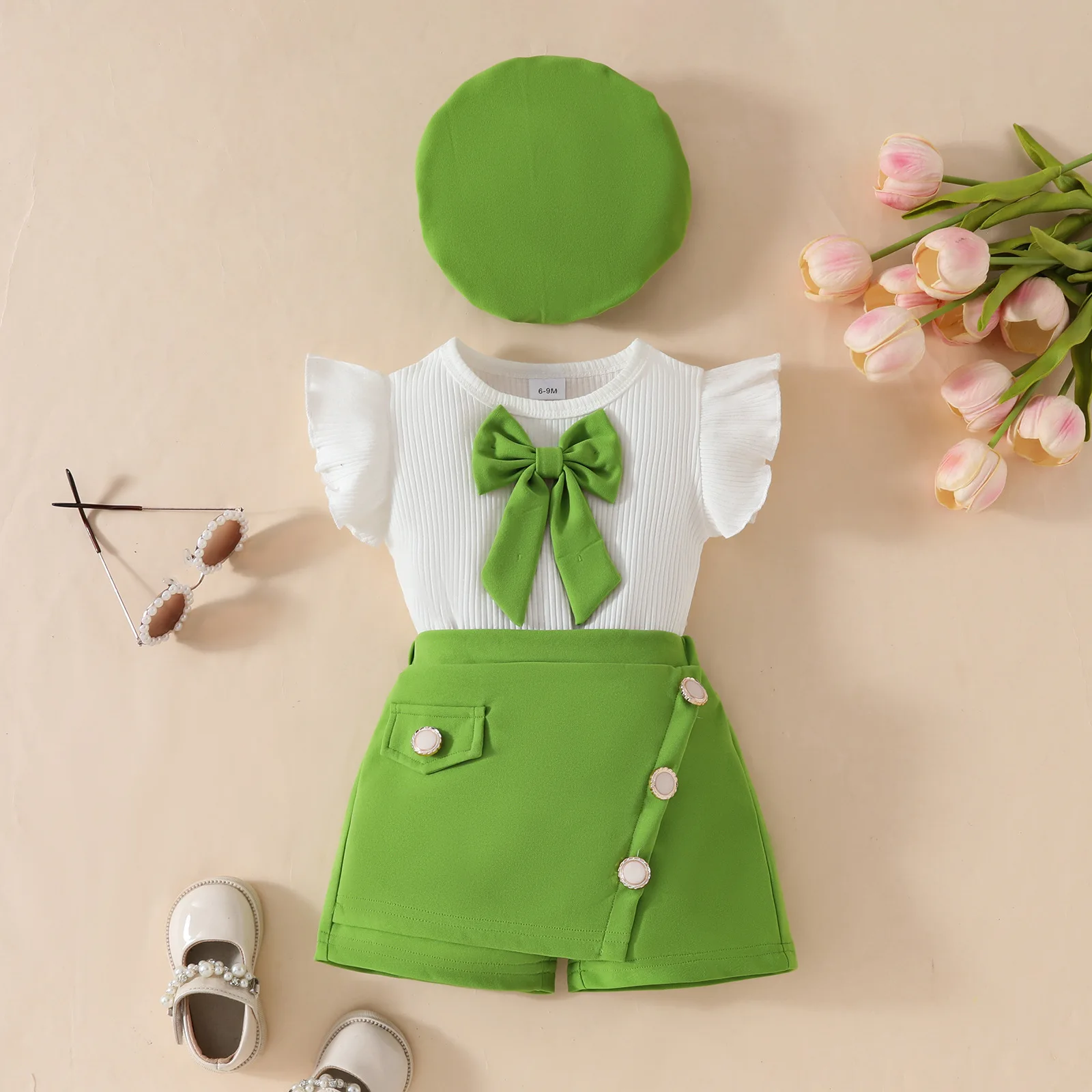 Conjunto de verano bebé sin mangas de algodón con lazo y gorro - imagen 2