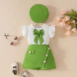 Conjunto de verano bebé sin mangas de algodón con lazo y gorro