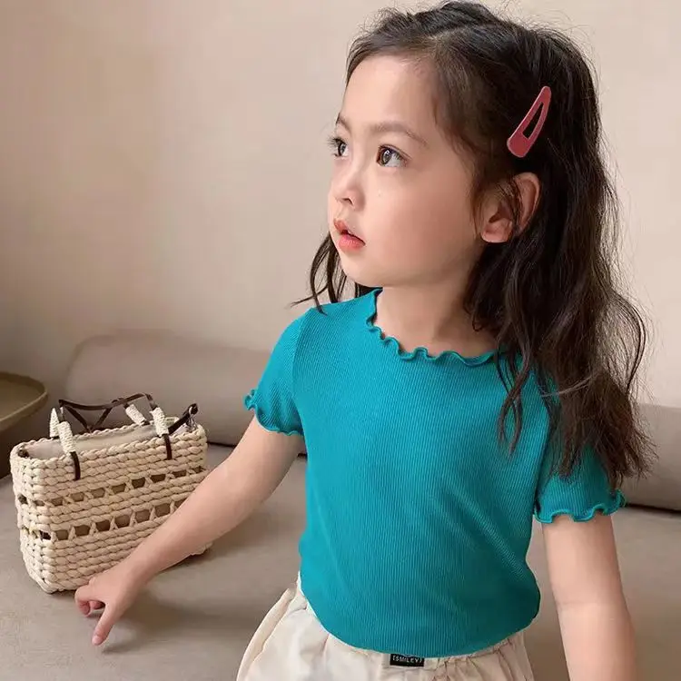 Camiseta de niña seda helada manga corta estilo coreano borde ondulado