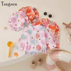 Tregren bañador manga larga para niña floral con gorro de concha