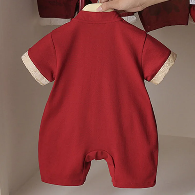 Mono de bebé de verano rojo bordado de manga corta, ligero - imagen 3