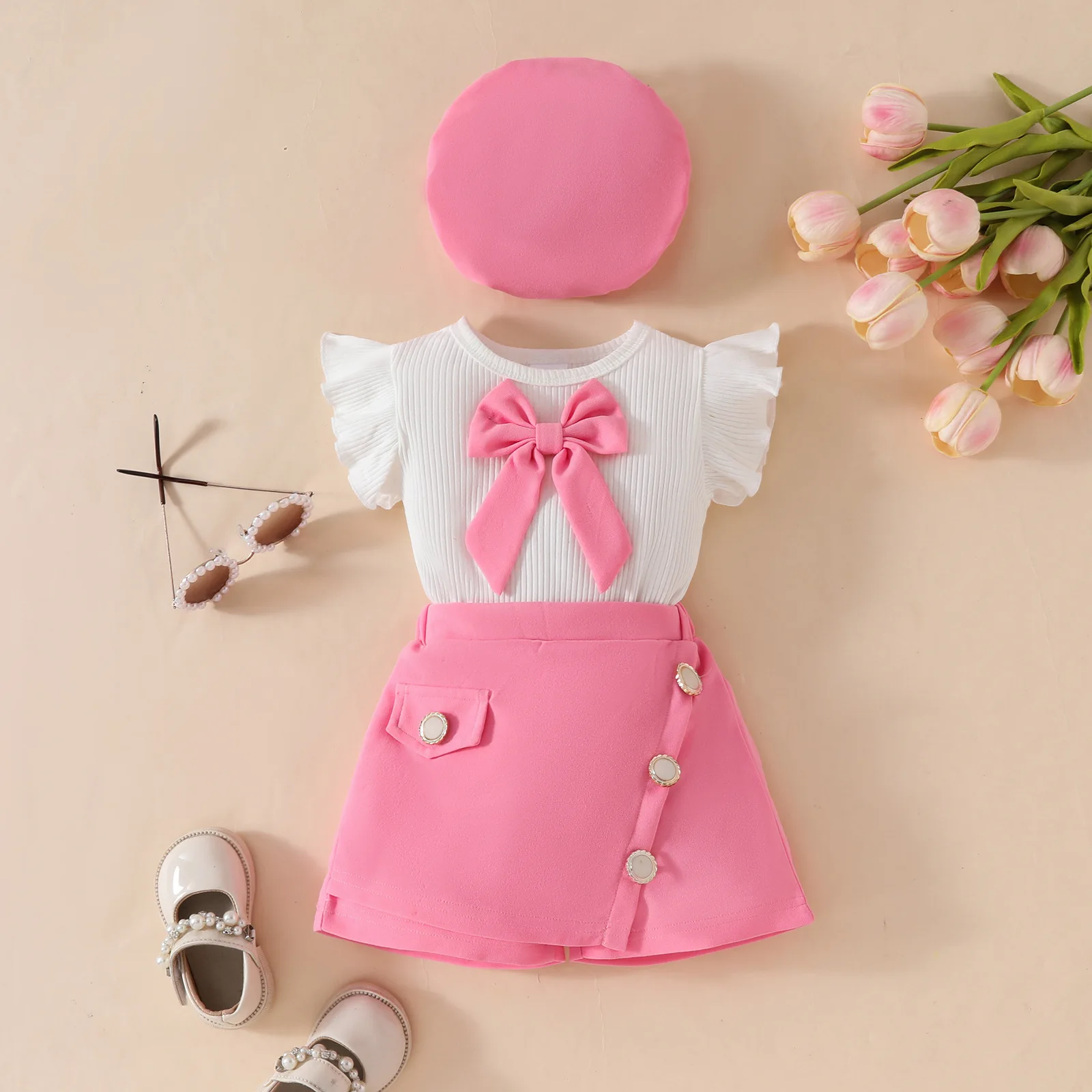 Conjunto de verano bebé sin mangas de algodón con lazo y gorro - imagen 4