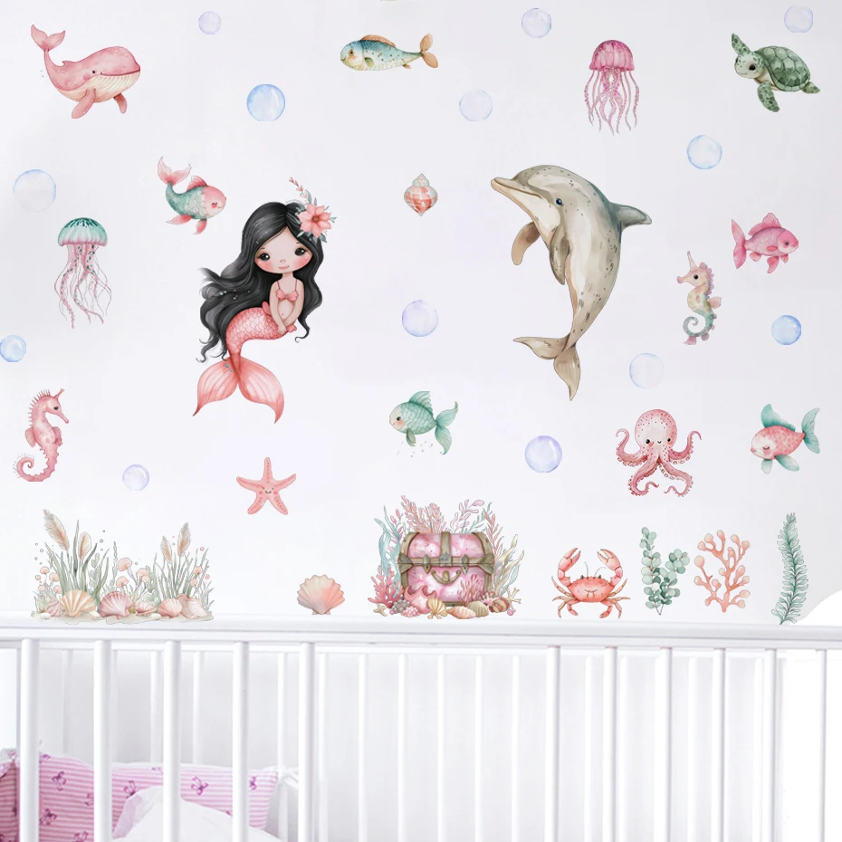 Pegatina de pared marinas con sirena y delfín para habitación infantil - imagen 2