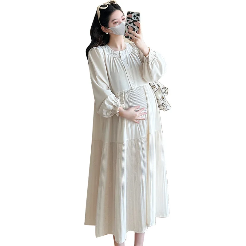 Vestido premamá casual holgado de cuello redondo estilo artístico - imagen 2