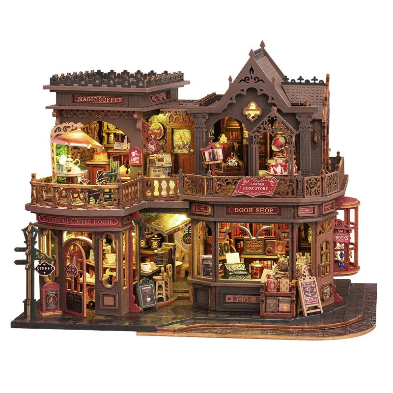Casa de muñecas DIY en madera con luces LED y mobiliario miniatura