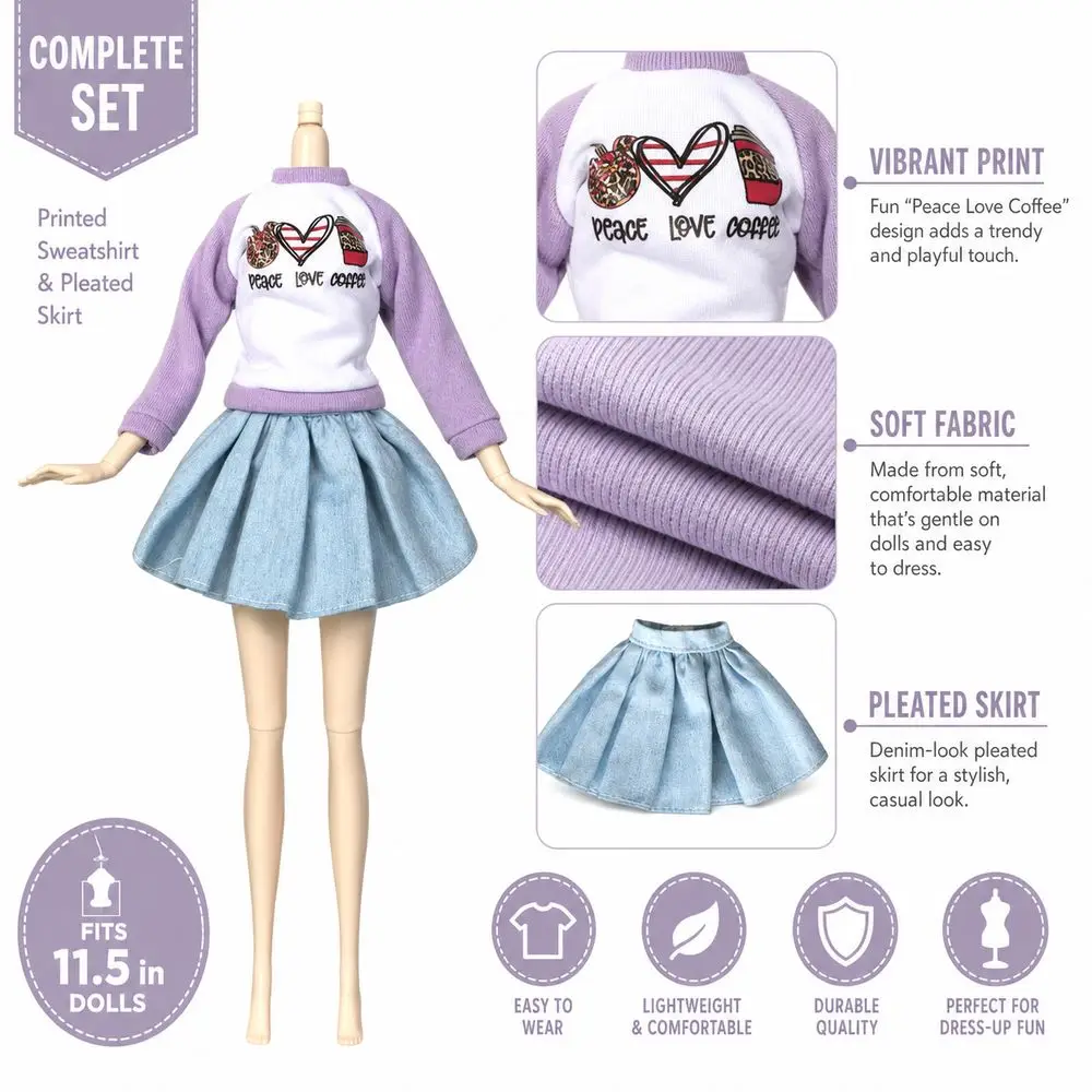 Conjunto de ropa para muñecas con falda plisada y sudadera - imagen 3