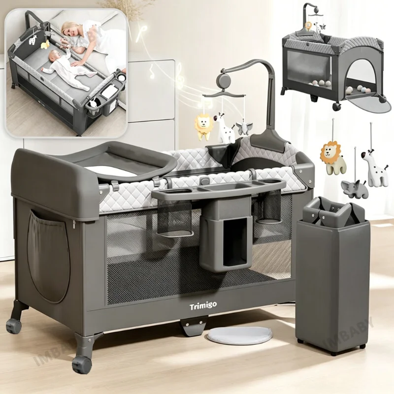 IMBABY Cuna plegable portátil con cambiador y ruedas para bebé