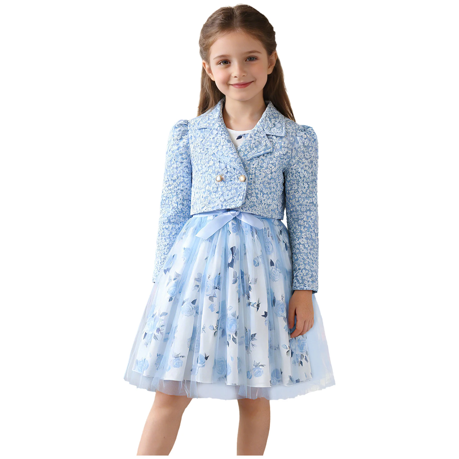 Vestido elegante niña con flores, capas en tul y cárdigan texturizado