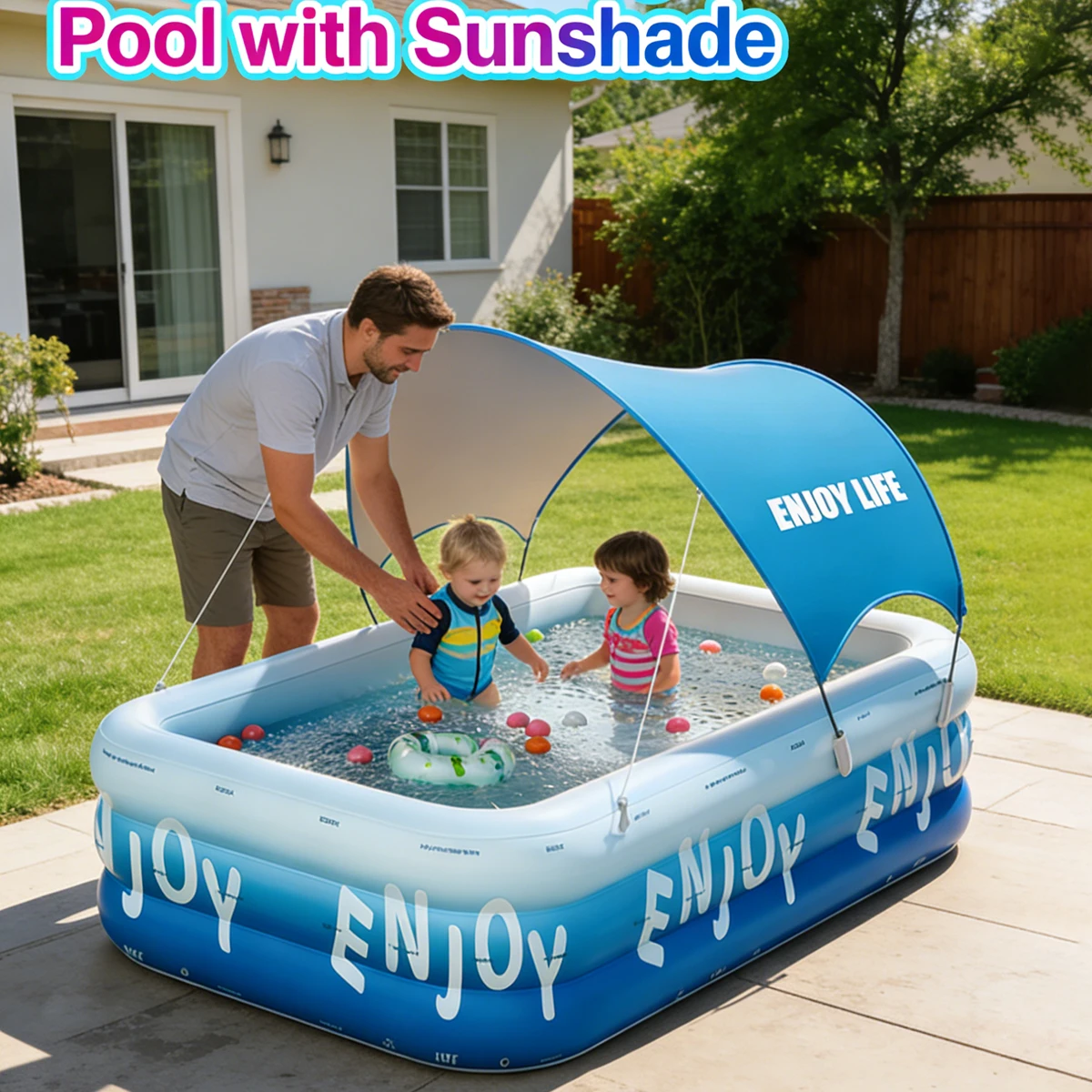 Piscina inflable infantil con protección solar para jardín