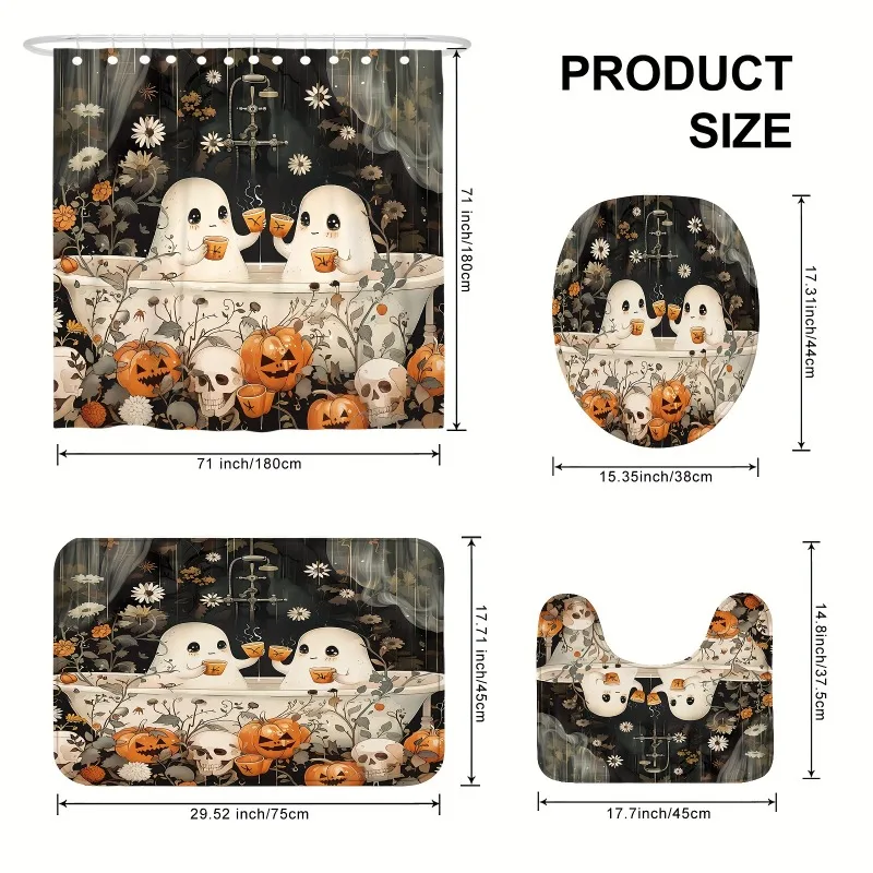 Set Halloween baño con cortina, alfombra antideslizante y tapa inodoro - imagen 3