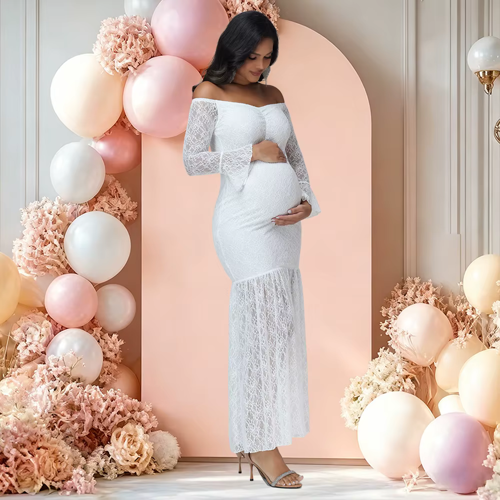 Vestido de maternidad elegante con hombros descubiertos y volantes