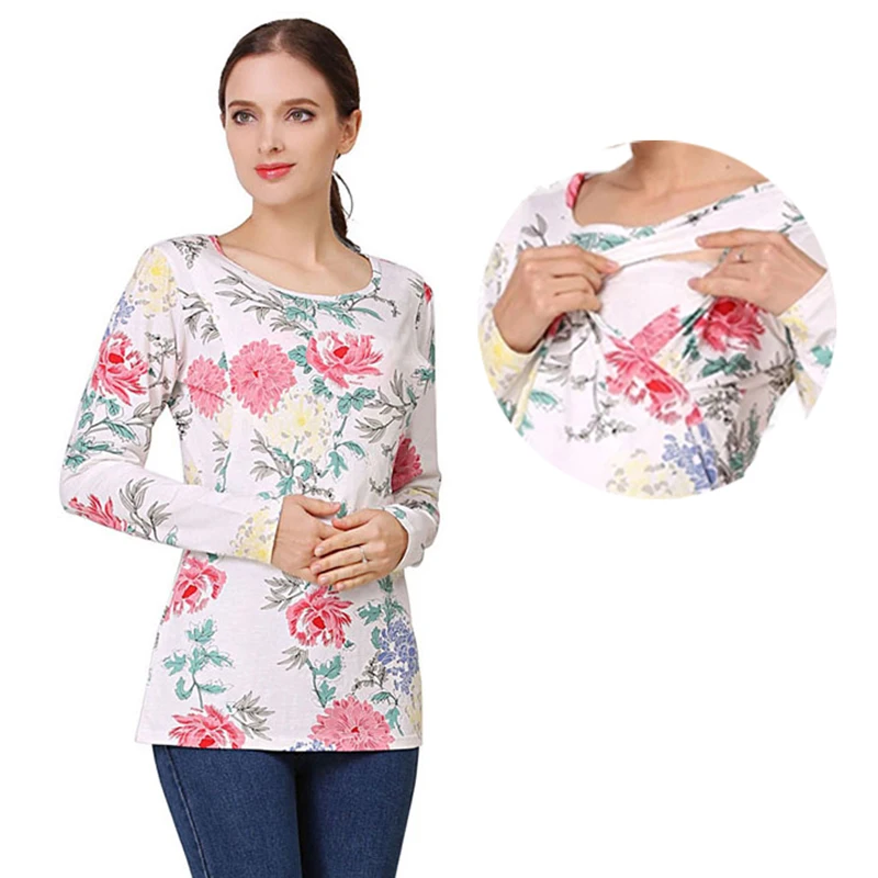 Camiseta de lactancia floral en algodón, manga larga, primavera y otoño - imagen 3