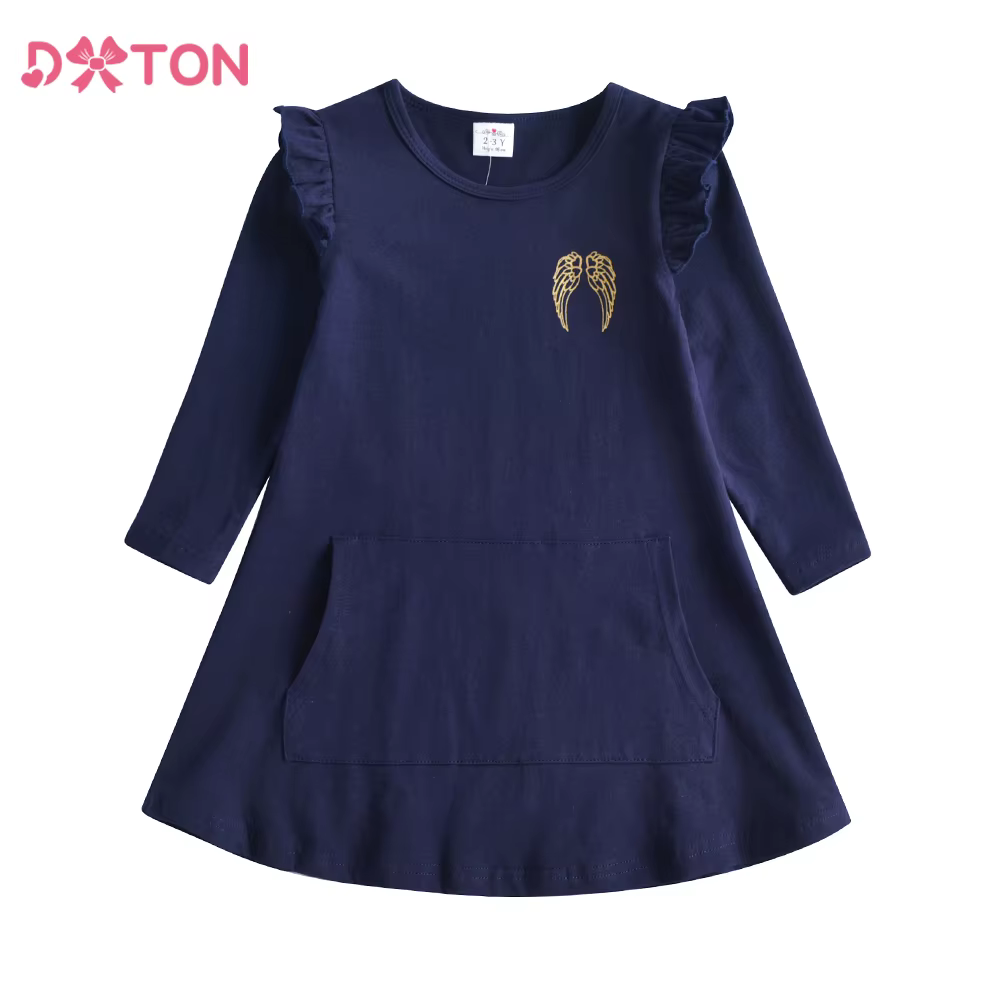 DXTON Vestido infantil algodón manga larga corte A alas ángel bolsillo