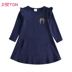 DXTON Vestido infantil algodón manga larga corte A alas ángel bolsillo