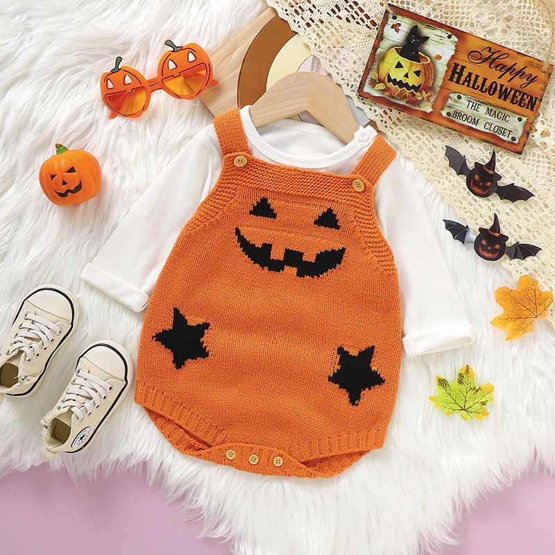 Mono de punto calabaza Halloween bebé – Traje unisex otoño invierno