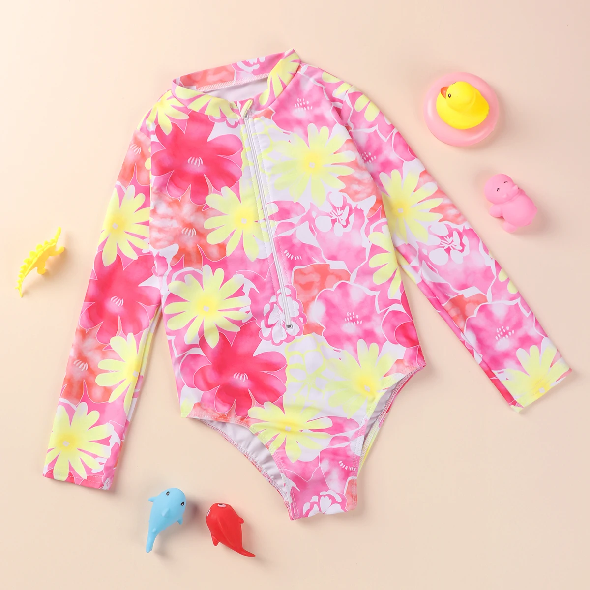 Traje de baño de niña de una pieza manga larga con cremallera y flores - imagen 5