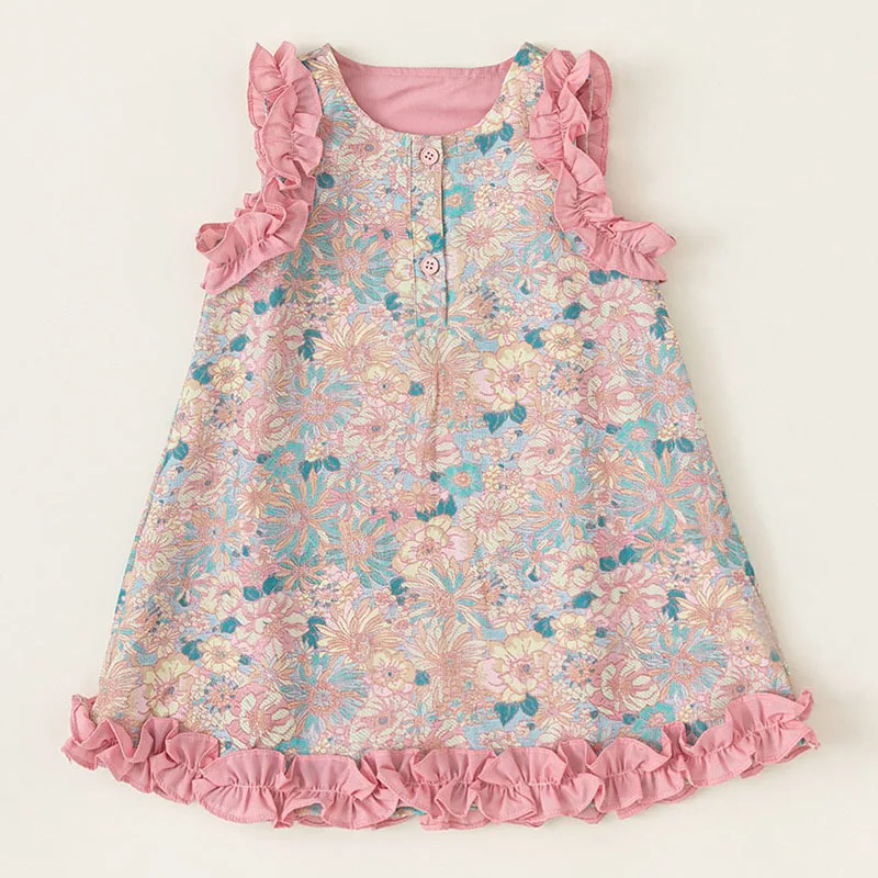Vestido de verano rosa de algodón sin mangas con estampado floral
