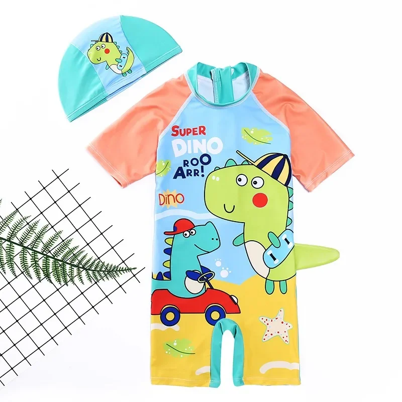 Bañador con protección solar UPF y gorro estampado dinosaurios bebés