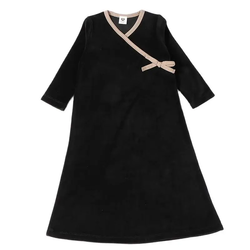 Vestido de velour negro para niña con cuello V y lazo contraste - imagen 5