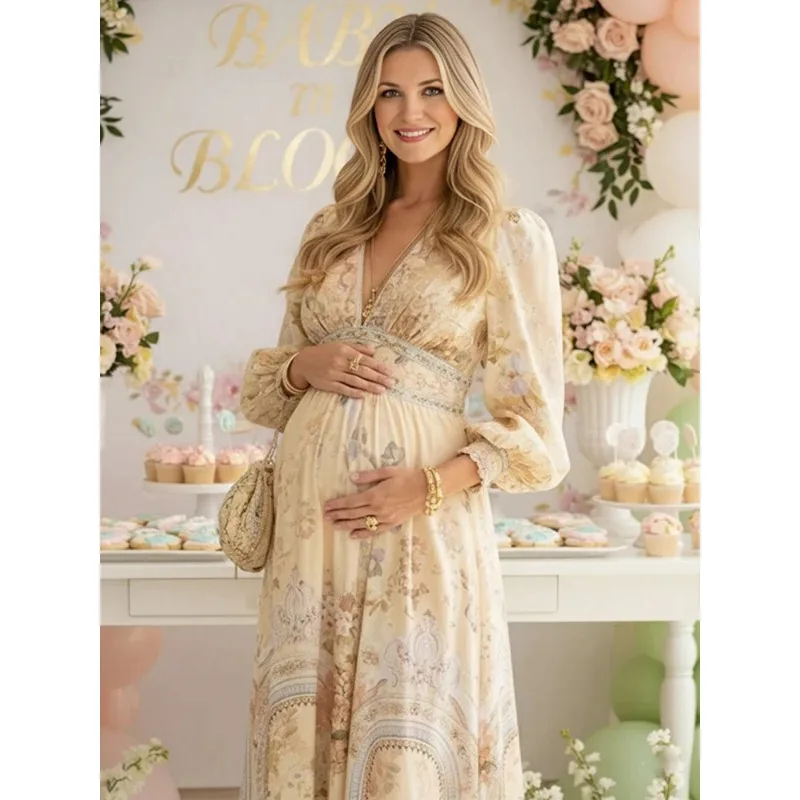 Vestido maxi boho floral de manga larga para sesión fotos embarazo - imagen 5