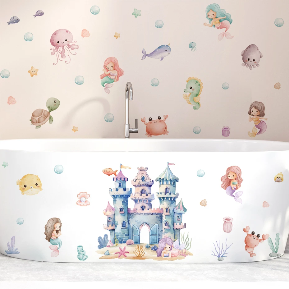 Vinilo pared infantil de sirena y animales marinos estilo acuarela - imagen 3