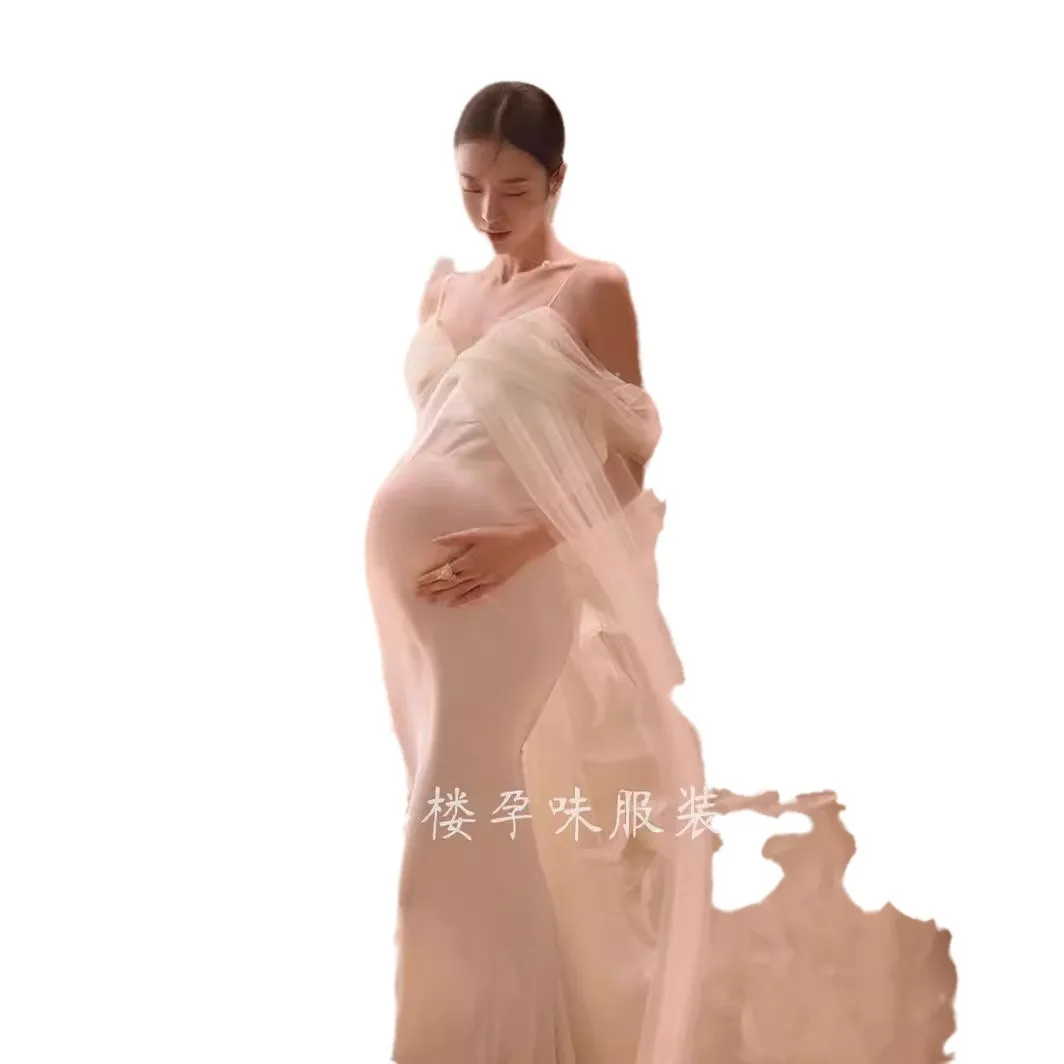 Vestido de maternidad maxi con cuello en V y encaje suave elástico