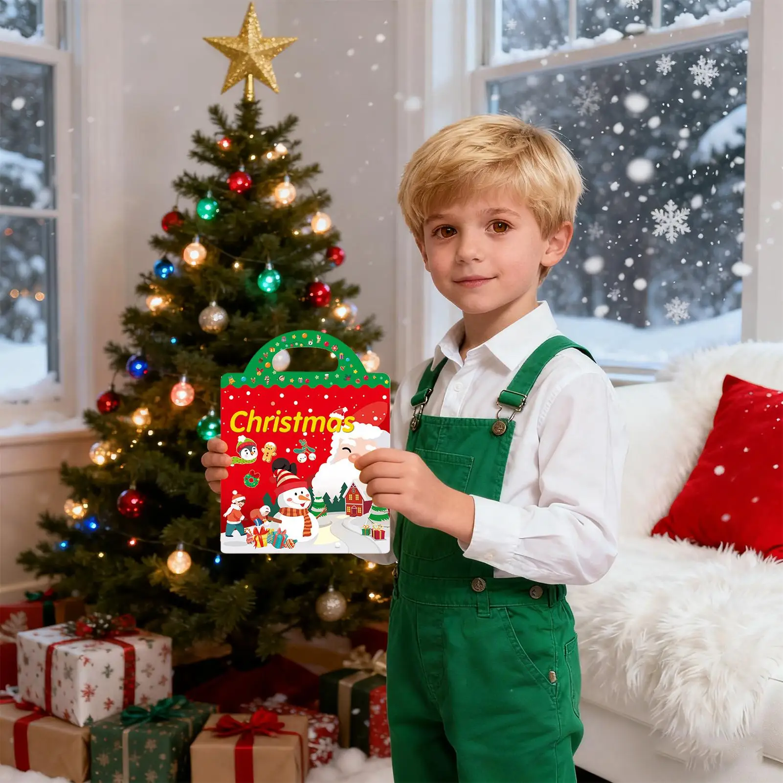 Niños explorando pegatinas navideñas