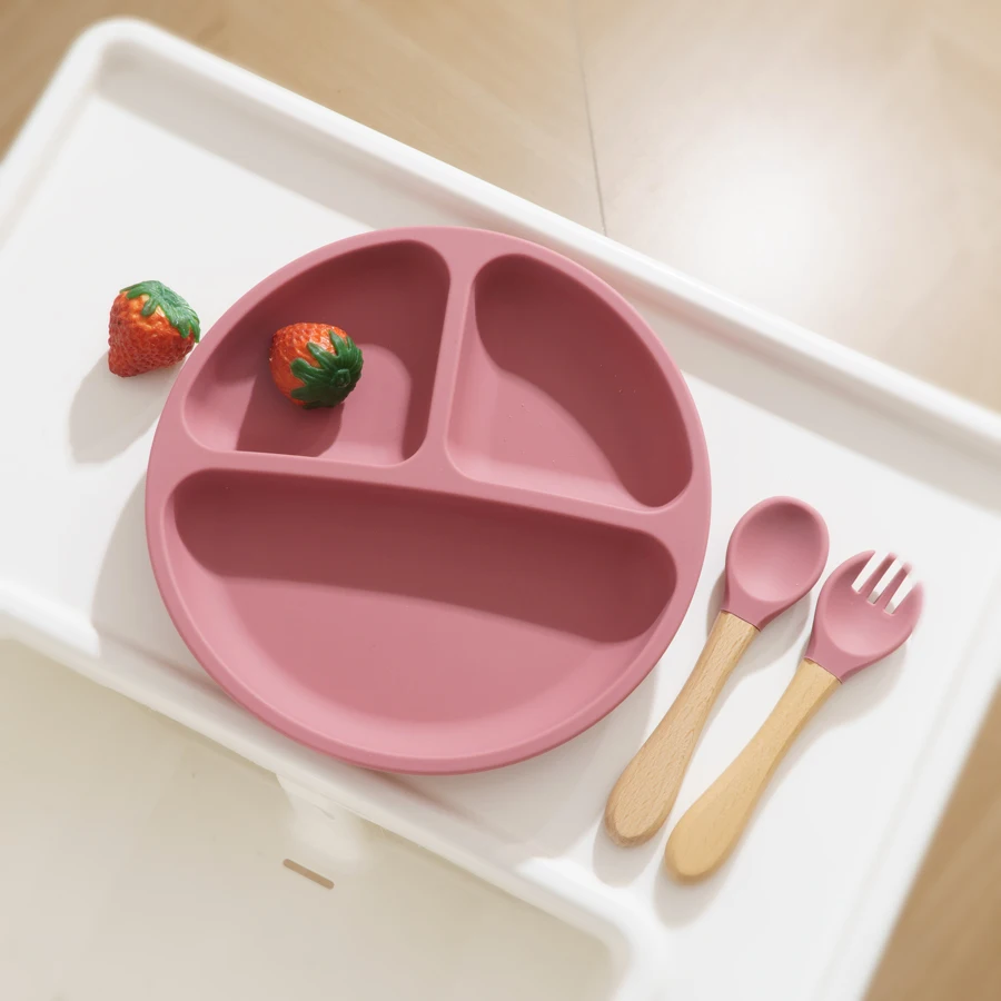 Vajilla infantil de silicona con mango de madera - Plato y cubiertos - imagen 2