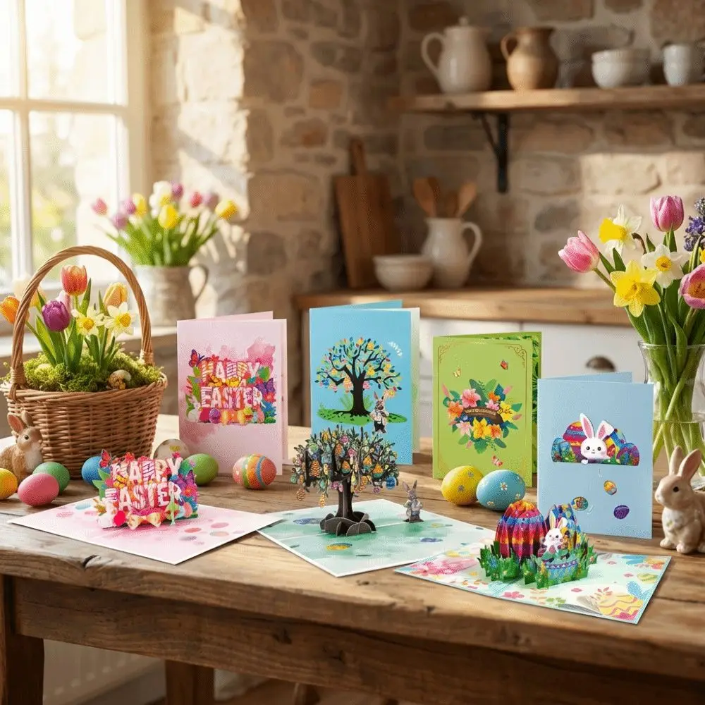 Tarjeta de Pascua 3D plegable con sobre y conejo talla a mano - imagen 3