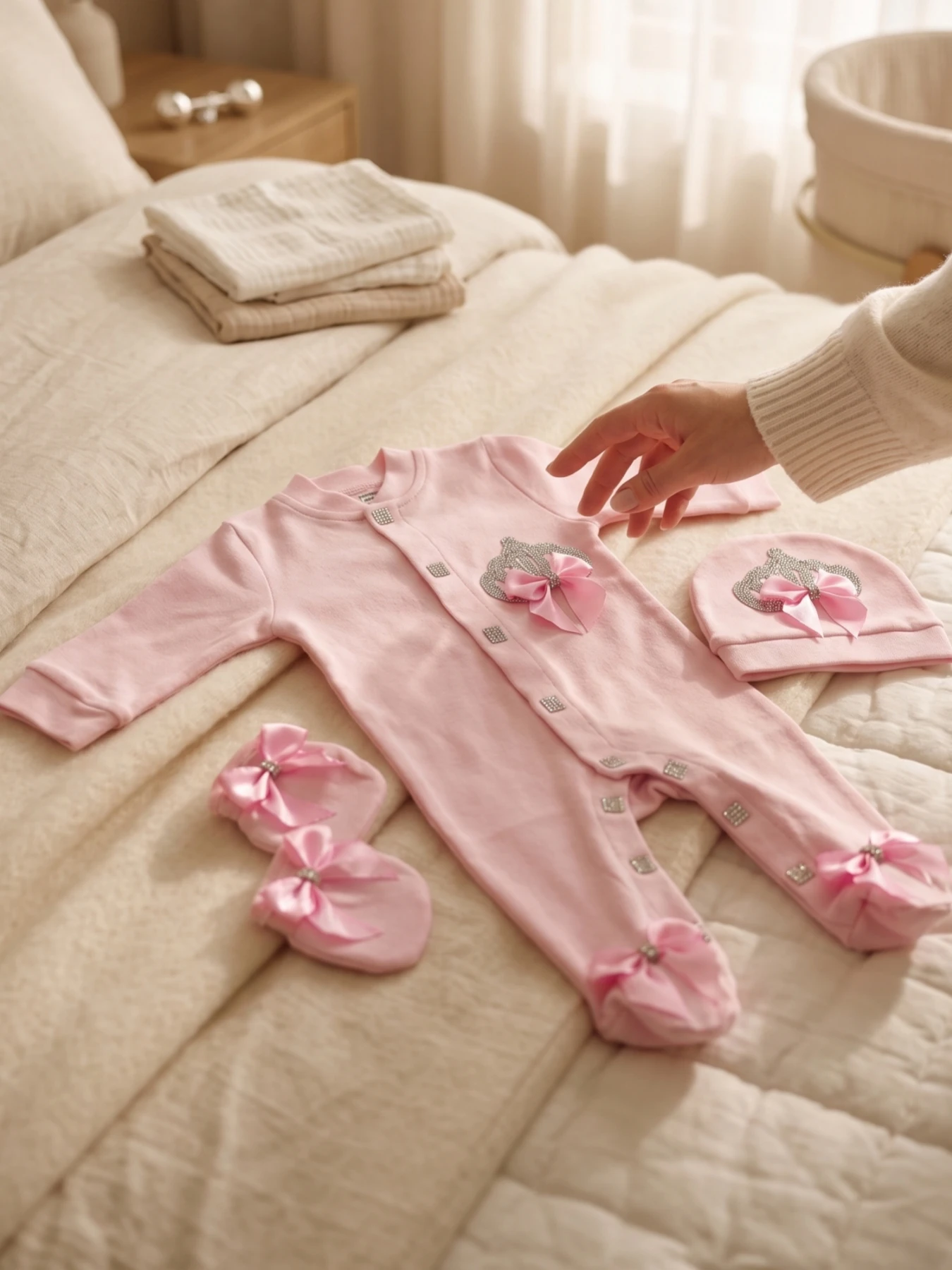 Conjunto bebé recién nacido de lujo con pelele, gorro y manoplas - imagen 4