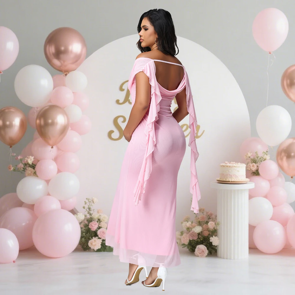Vestido maternidad largo malla con hombros descubiertos y volantes - imagen 3