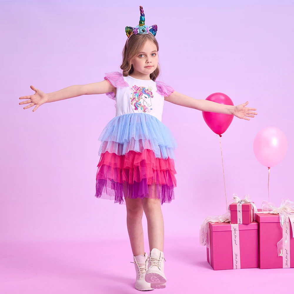 DXTON Vestido unicornio veraniego con capa de malla para niños - imagen 5