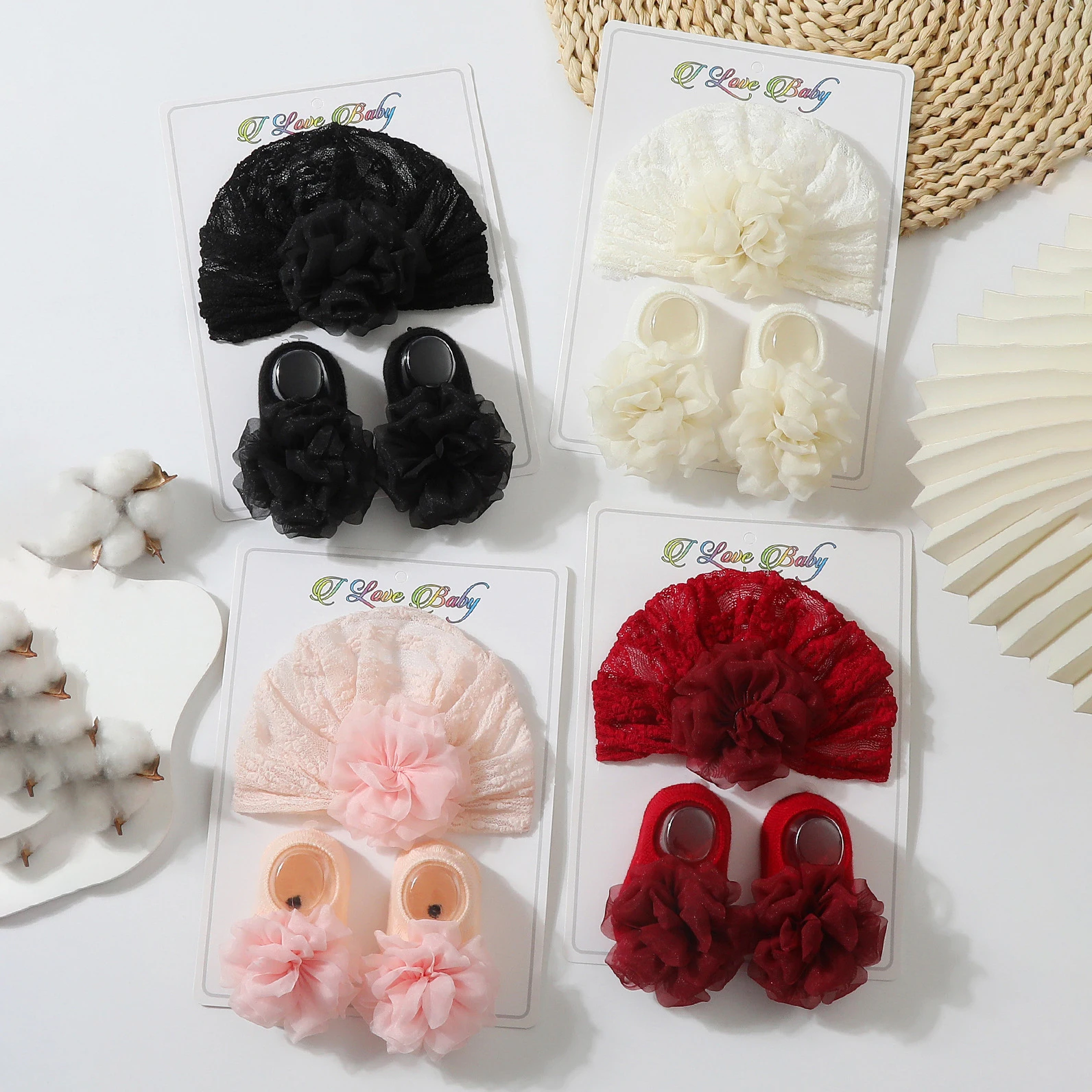 Conjunto de verano bebé recién nacido con gorro floral y calcetines - imagen 4