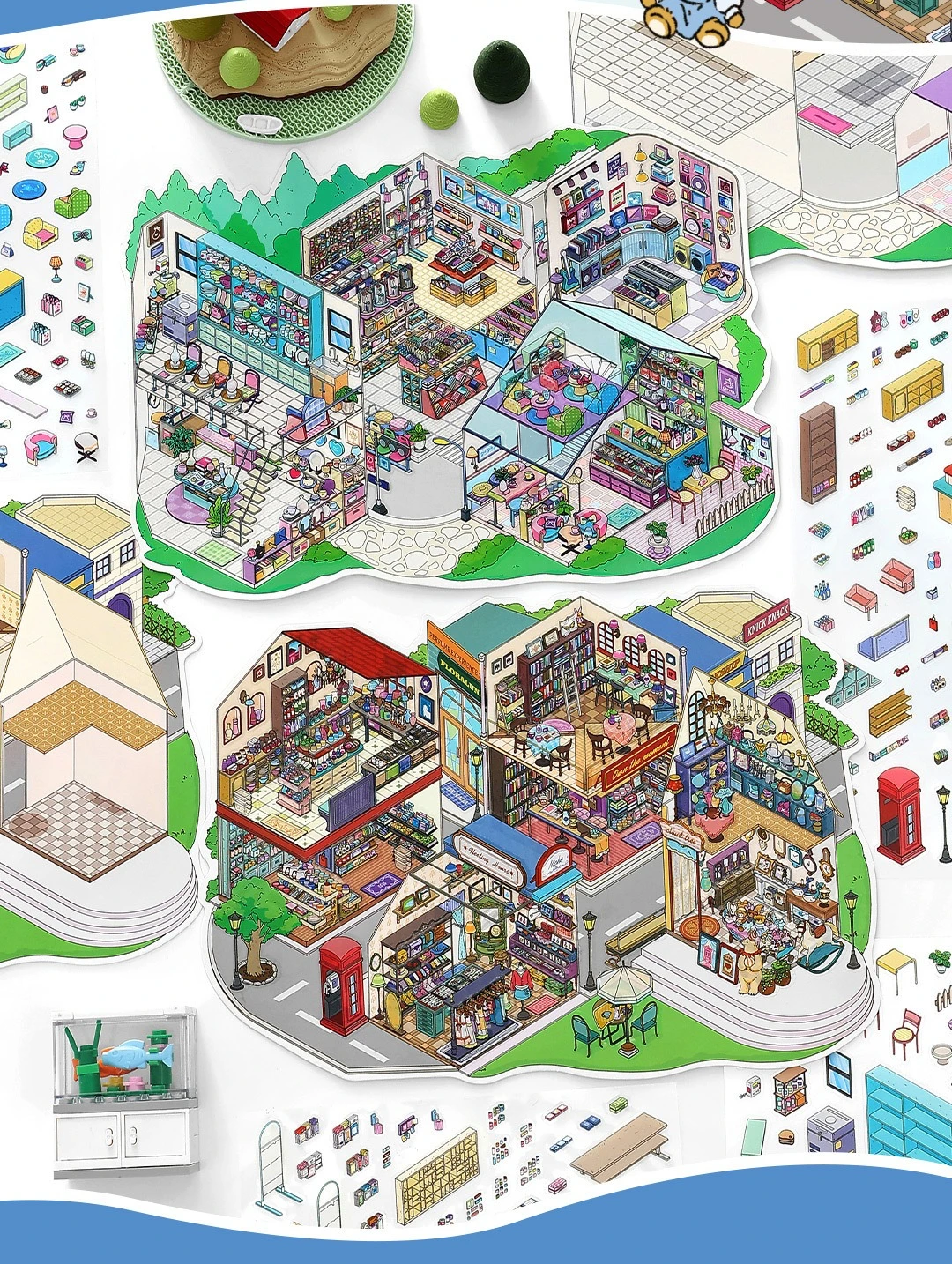 Hojas de pegatinas con diseños de dibujos animados y temática de tienda