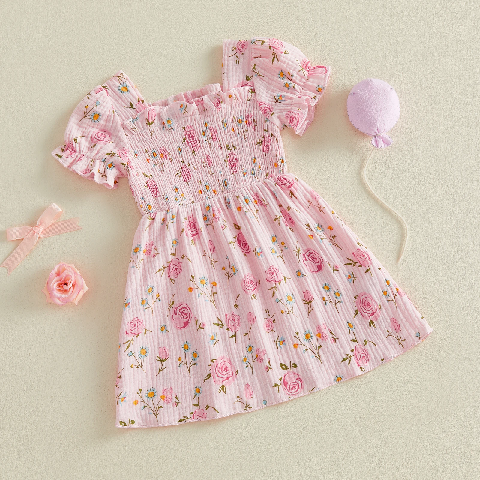 Tregren vestido de niña corte A flores plisado con cuello cuadrado - imagen 5