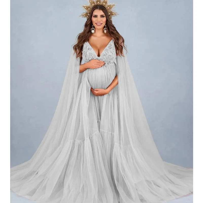Vestido de maternidad de tul y encaje con perlas para baby shower - imagen 3