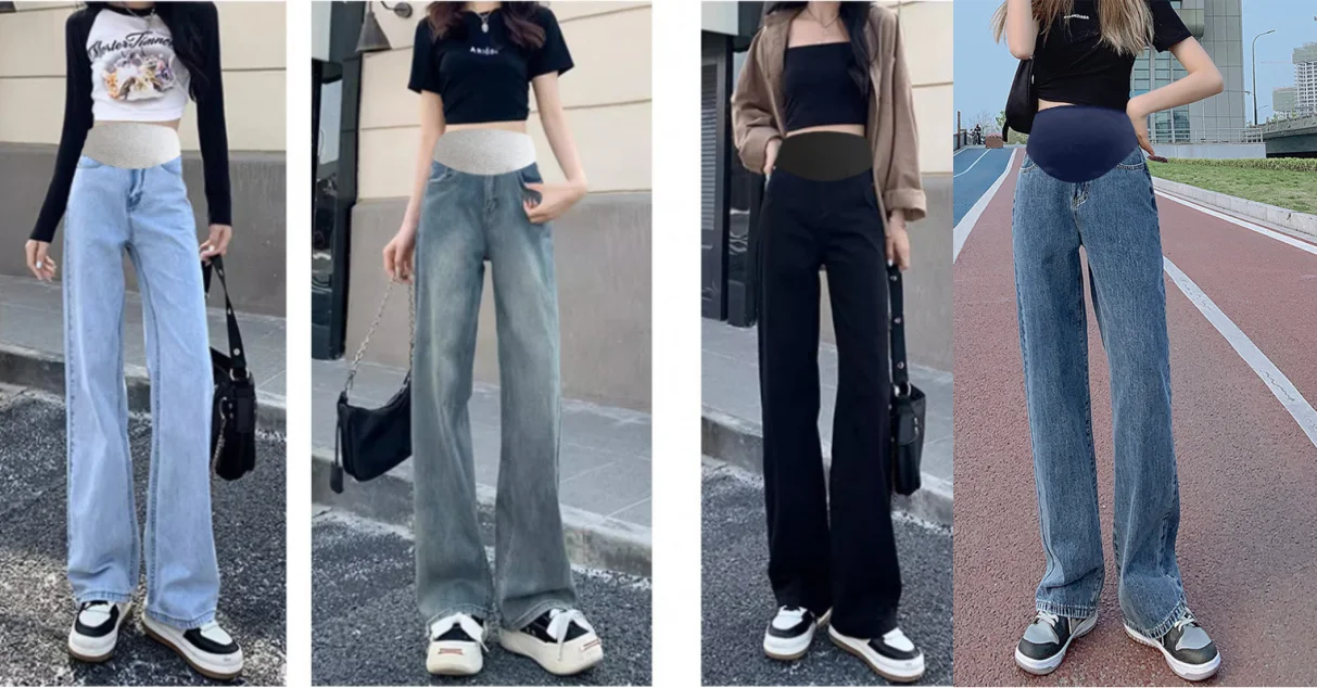 Corte recto y cintura elástica de los jeans maternity
