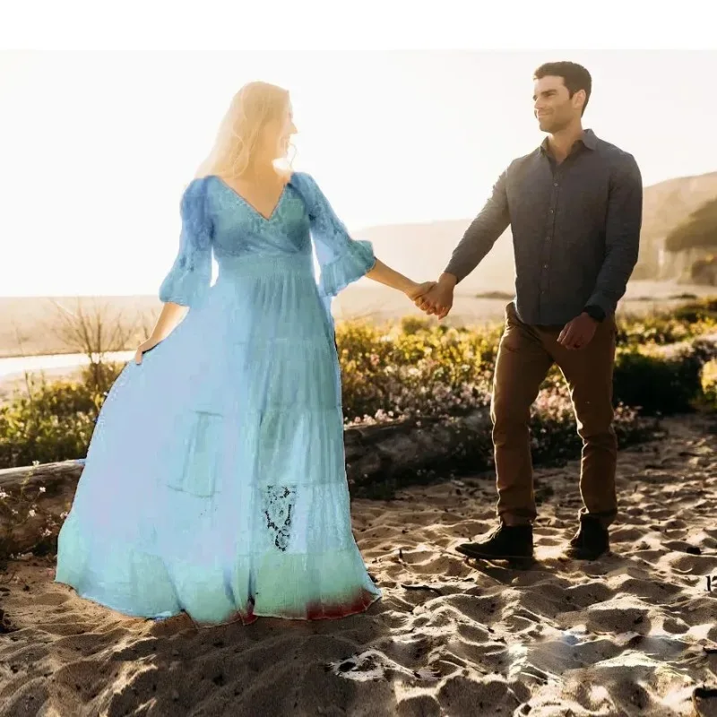 Vestido Maxi Maternidad Encaje Gasa Volantes Manga Corta Embarazo - imagen 3