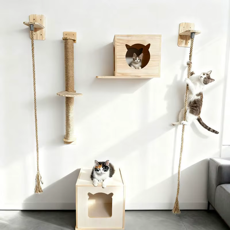 Poste rascador de pared en madera natural con cuerda sisal - imagen 4