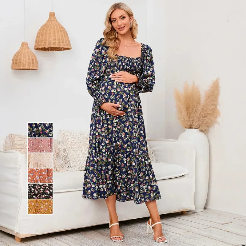 Vestido de gasa premamá floral manga larga primavera
