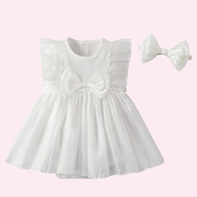 Mono de verano para niña blanco en malla sin mangas con lazo - imagen 3