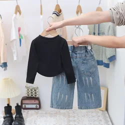 Conjunto niña top manga larga y vaqueros casual de color liso