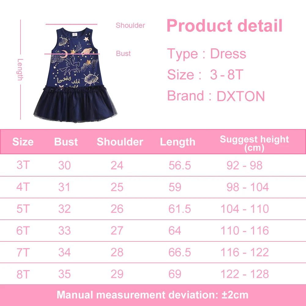 Vista del vestido de unicornio con letras y estrellas