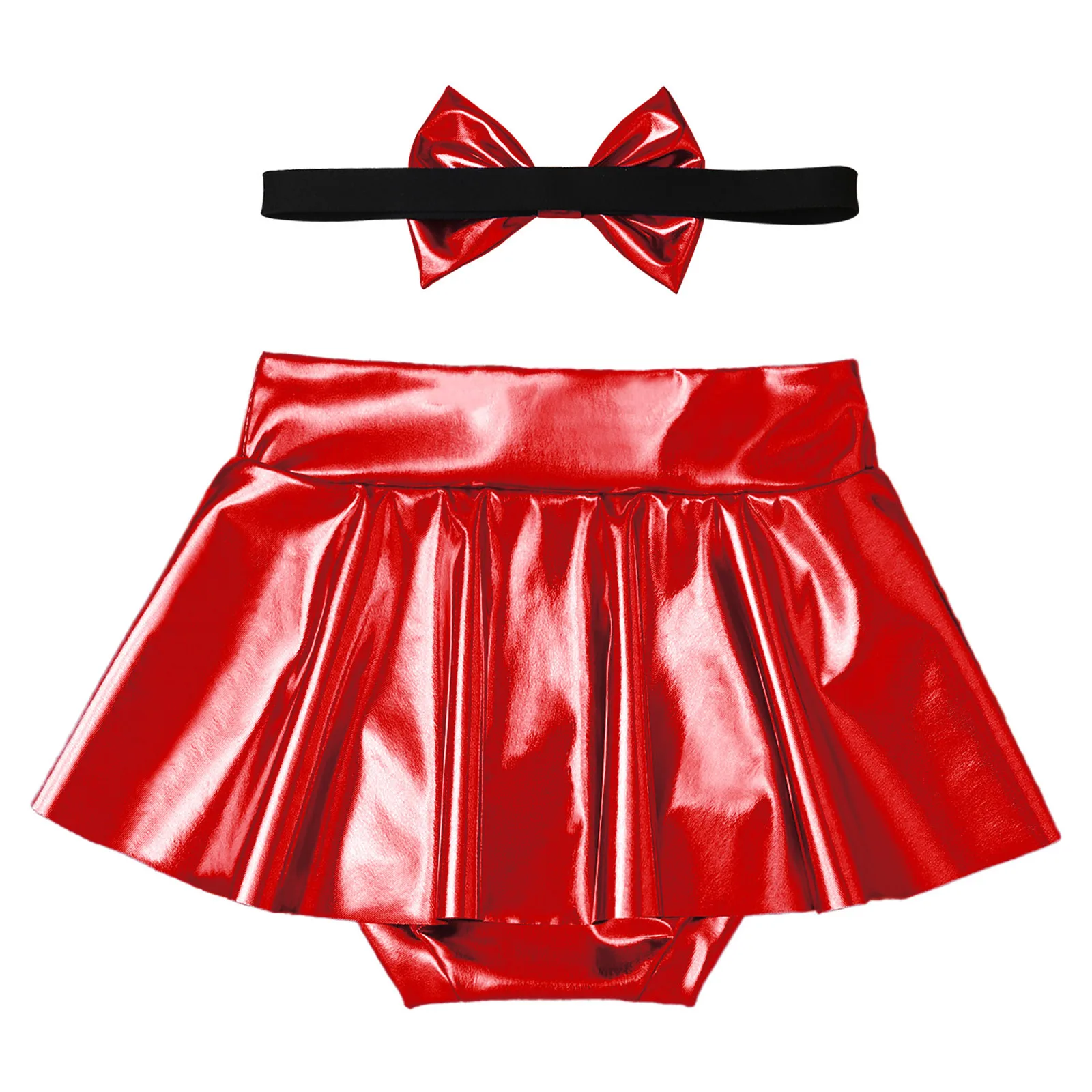 Minifalda brillante de PU con diadema y lazo para niña