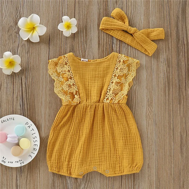 Pelele de encaje con diadema para recién nacida – Algodón de verano - imagen 3
