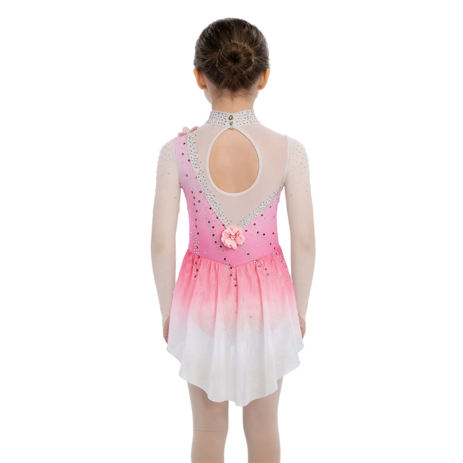 Vestido patinaje artístico para niñas con pedrería y malla floral - imagen 4