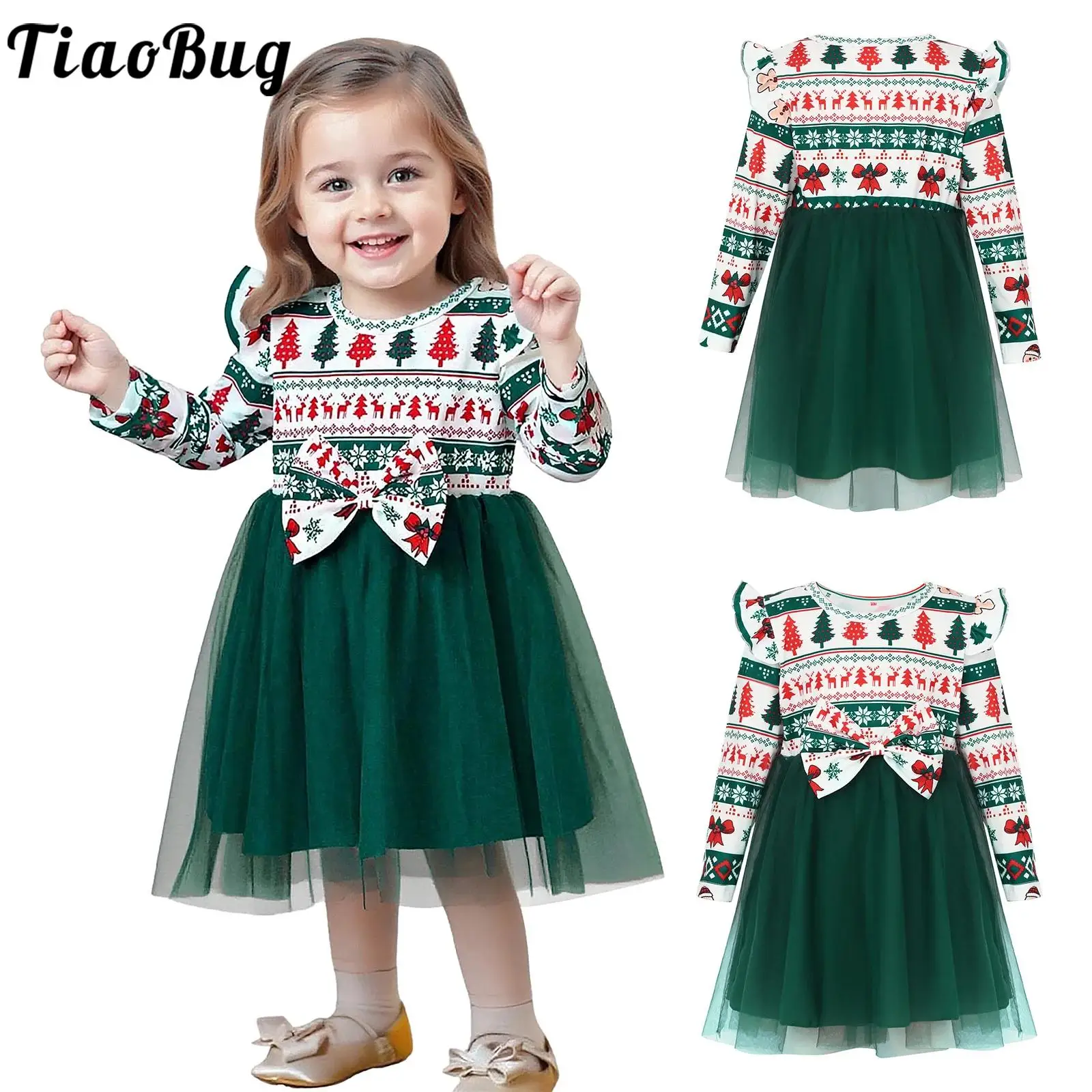Vestido de niña de Navidad de manga larga con lazo estampado - imagen 3