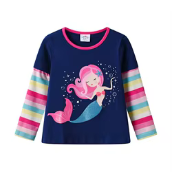 DXTON Camiseta manga larga para niña con rayas y estampado sirena
