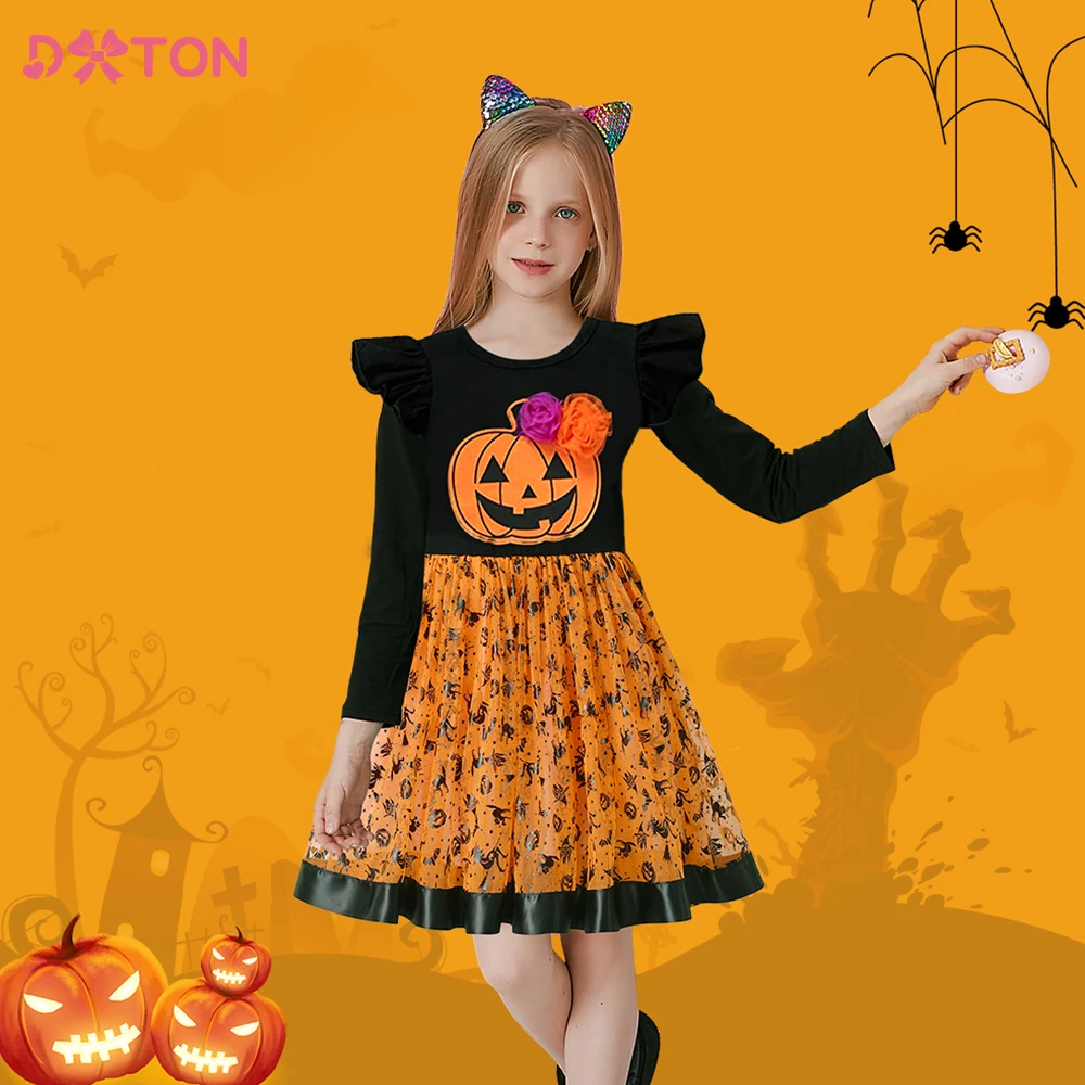 DXTON vestido Halloween para niñas con tutú de calabaza y araña - imagen 2