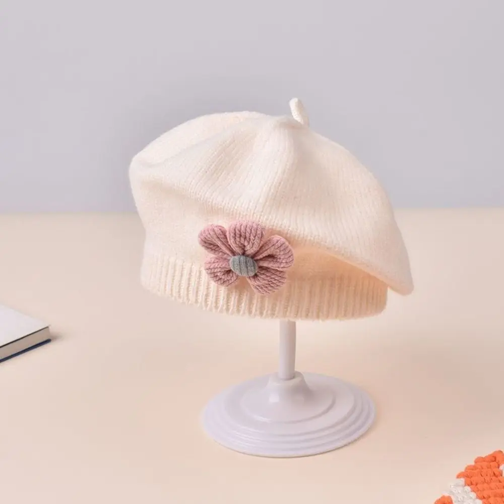 Gorro boina de punto cálido con flores para niña, estilo princesa - imagen 2